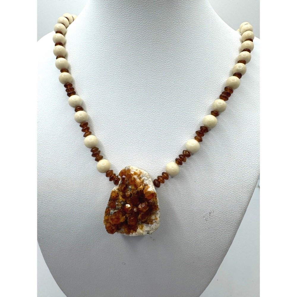 Sterling Silver Raw Citrine Druzy Geode Beaded Necklace Cream Amber